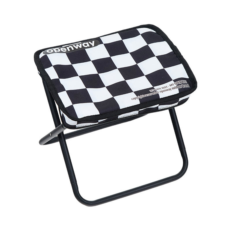 Moderner minimalistischer rechteckiger Klapphocker aus Kohlenstoffstahl und Oxford-Stoff mit Rückenlehne, gestreift/kariert, für den Außenbereich 