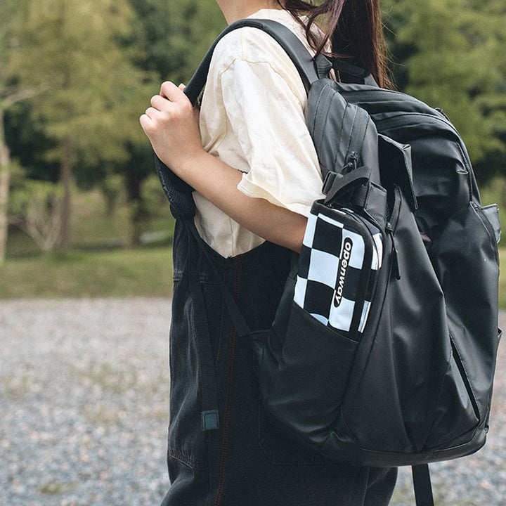 Moderner minimalistischer rechteckiger Klapphocker aus Kohlenstoffstahl und Oxford-Stoff mit Rückenlehne, gestreift/kariert, für den Außenbereich 