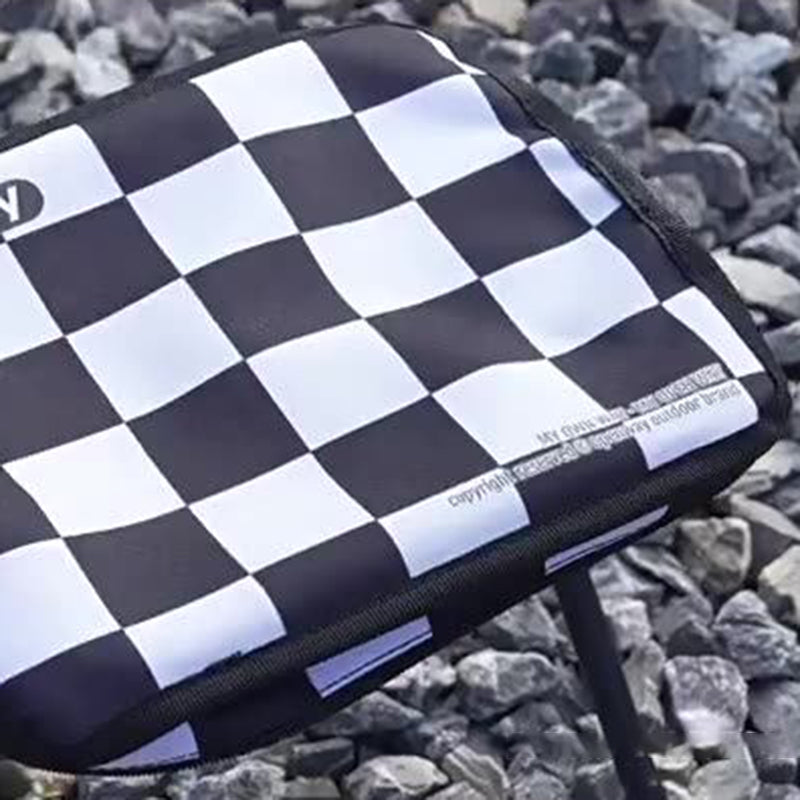 Moderner minimalistischer rechteckiger Klapphocker aus Kohlenstoffstahl und Oxford-Stoff mit Rückenlehne, gestreift/kariert, für den Außenbereich 