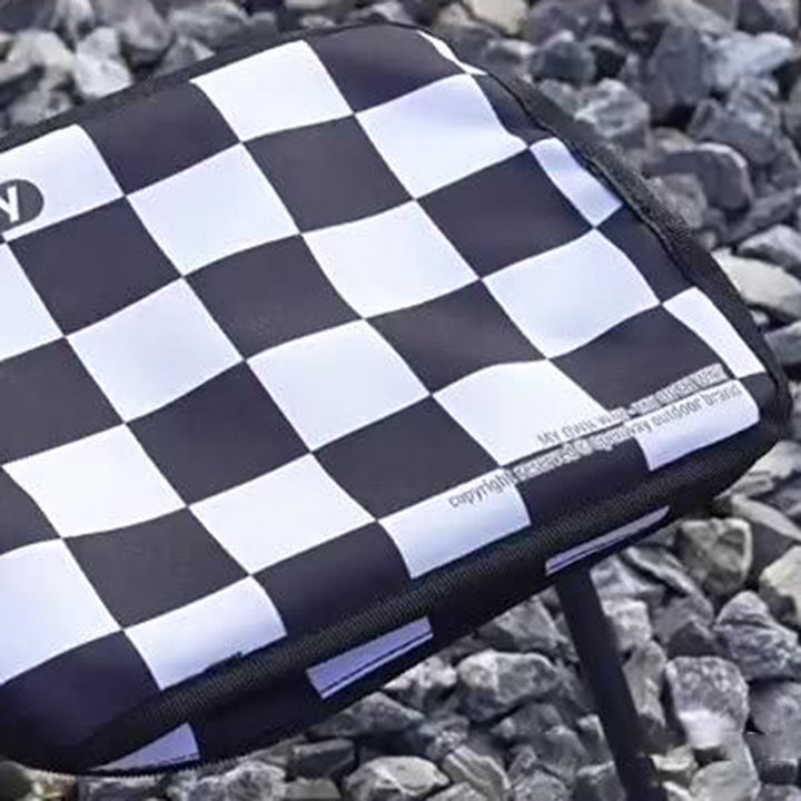 Moderner minimalistischer rechteckiger Klapphocker aus Kohlenstoffstahl und Oxford-Stoff mit Rückenlehne, gestreift/kariert, für den Außenbereich 