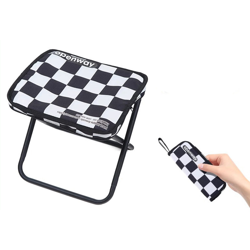 Moderner minimalistischer rechteckiger Klapphocker aus Kohlenstoffstahl und Oxford-Stoff mit Rückenlehne, gestreift/kariert, für den Außenbereich 