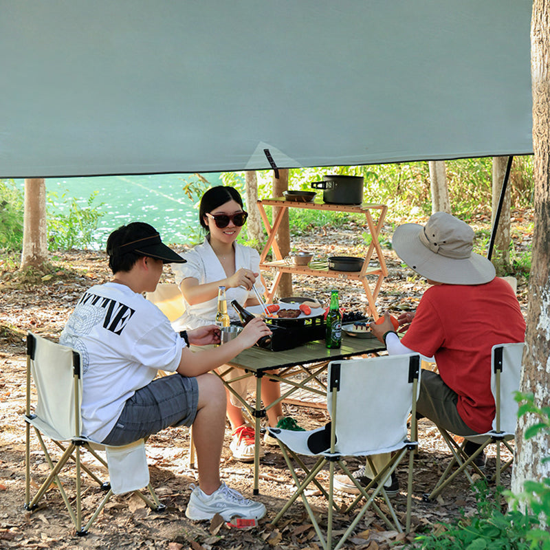 Modern Minimalist Rectangular Oxford Fabric Carbon Steel Foldable Storage Beige Camping Table &amp; Chair Set For Outdoor