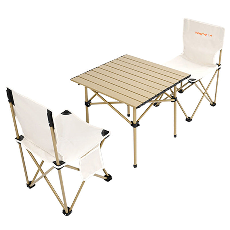 Modern Minimalist Rectangular Oxford Fabric Carbon Steel Foldable Storage Beige Camping Table &amp; Chair Set For Outdoor