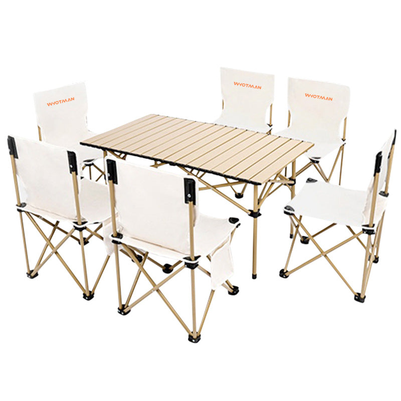 Modern Minimalist Rectangular Oxford Fabric Carbon Steel Foldable Storage Beige Camping Table &amp; Chair Set For Outdoor