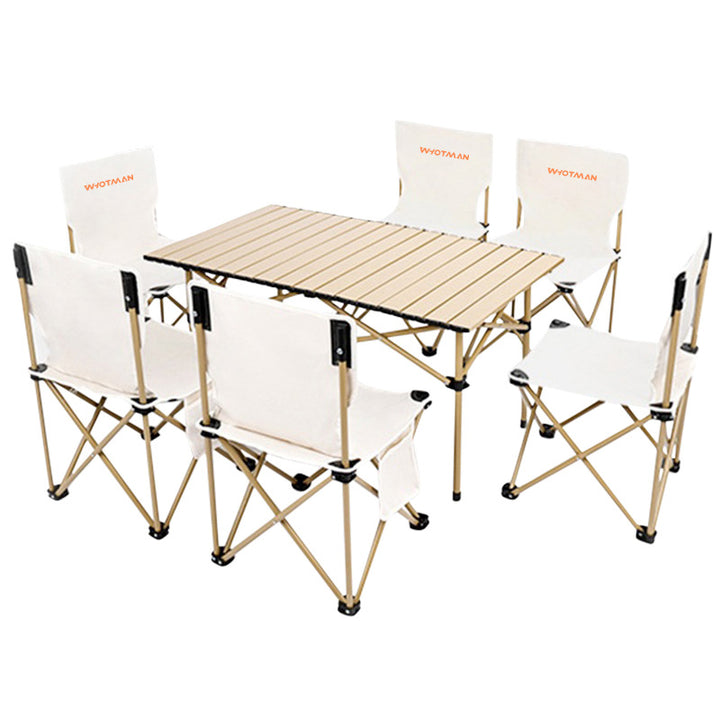 Modern Minimalist Rectangular Oxford Fabric Carbon Steel Foldable Storage Beige Camping Table &amp; Chair Set For Outdoor