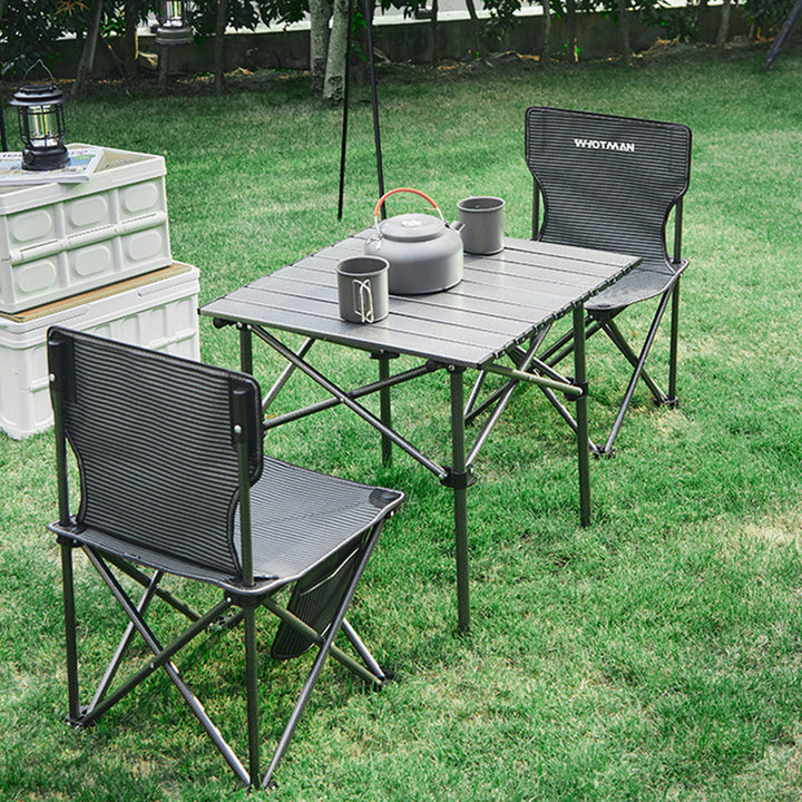 Modern minimalistische rechteckige Camping-Tisch- und Stuhlset aus Oxford-Gewebe und Karbonstahl, faltbar, schwarz, für den Außenbereich 