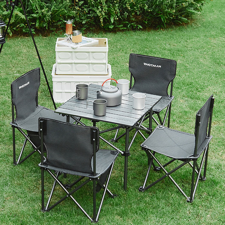 Modern minimalistische rechteckige Camping-Tisch- und Stuhlset aus Oxford-Gewebe und Karbonstahl, faltbar, schwarz, für den Außenbereich 