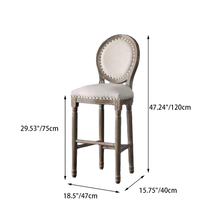 Traditioneller Vintage-Rund-Barhocker mit Rückenlehne aus Gummibaumholz, Birke und Baumwoll-Leinen für das Esszimmer 