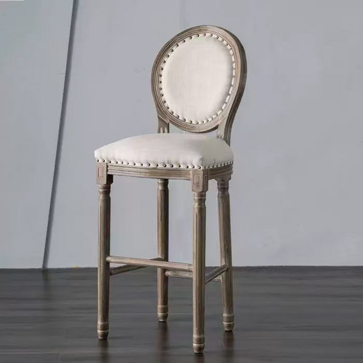 Traditioneller Vintage-Rund-Barhocker mit Rückenlehne aus Gummibaumholz, Birke und Baumwoll-Leinen für das Esszimmer 