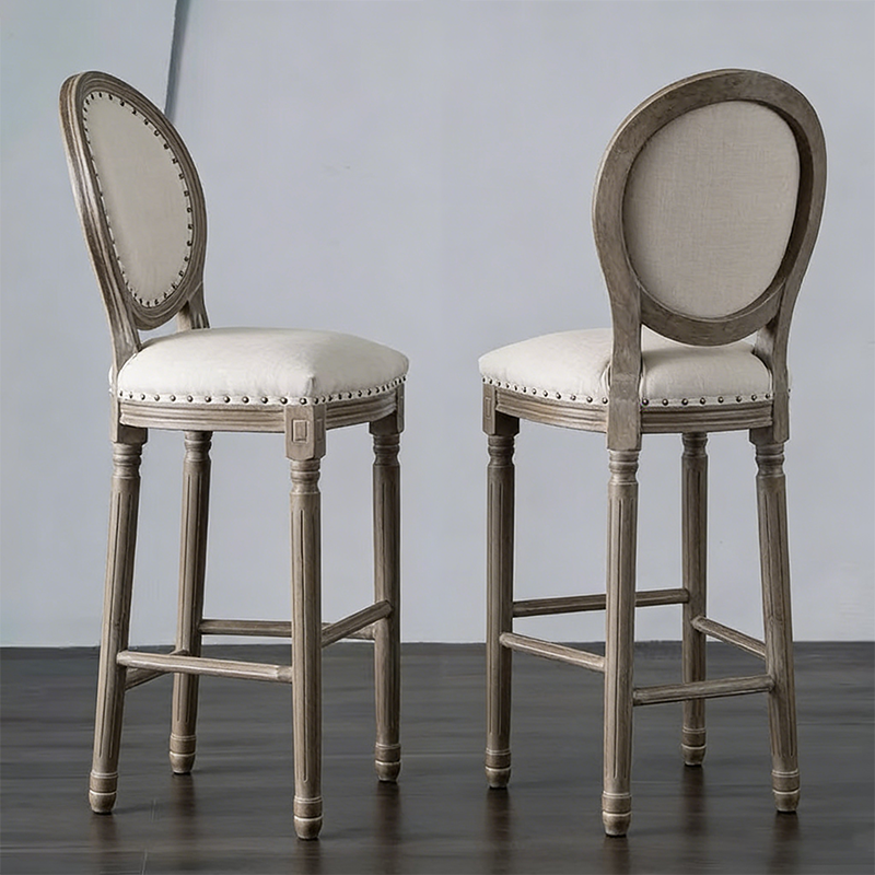 Traditioneller Vintage-Rund-Barhocker mit Rückenlehne aus Gummibaumholz, Birke und Baumwoll-Leinen für das Esszimmer 