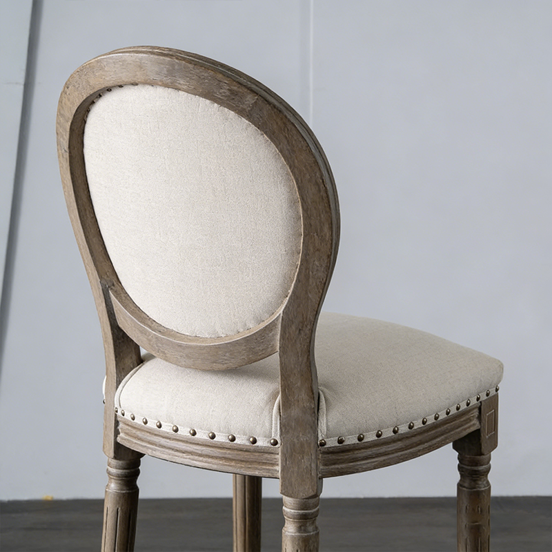 Traditioneller Vintage-Rund-Barhocker mit Rückenlehne aus Gummibaumholz, Birke und Baumwoll-Leinen für das Esszimmer 