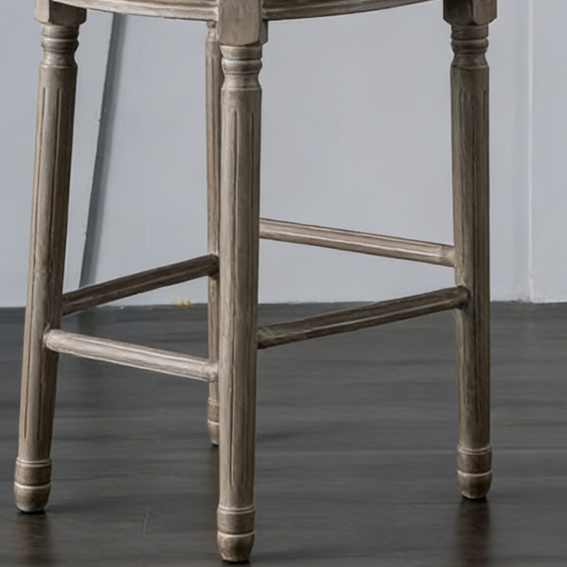 Traditioneller Vintage-Rund-Barhocker mit Rückenlehne aus Gummibaumholz, Birke und Baumwoll-Leinen für das Esszimmer 
