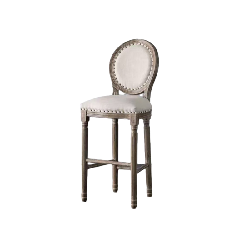 Traditioneller Vintage-Rund-Barhocker mit Rückenlehne aus Gummibaumholz, Birke und Baumwoll-Leinen für das Esszimmer 