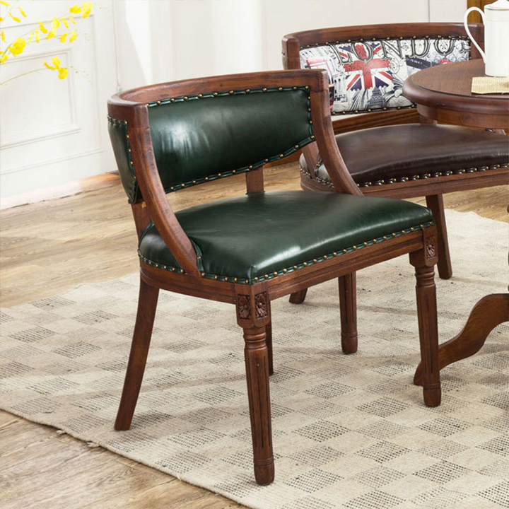 Traditioneller Vintage-Quadrat-Dining-Stuhl aus Gummibaumholz mit PU-Leder-Rückenlehne und Armlehnen für das Esszimmer 