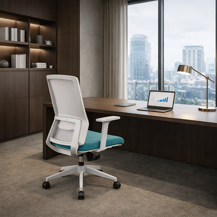 Modern Minimalist Blue & White Mid-Back Desk Chair: Breathable Mesh Fabric - Ergonomic Swivel Gaming Chair For Home Office
