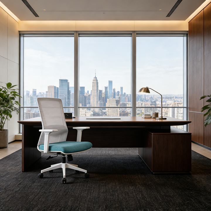 Modern Minimalist Blue & White Mid-Back Desk Chair: Breathable Mesh Fabric - Ergonomic Swivel Gaming Chair For Home Office
