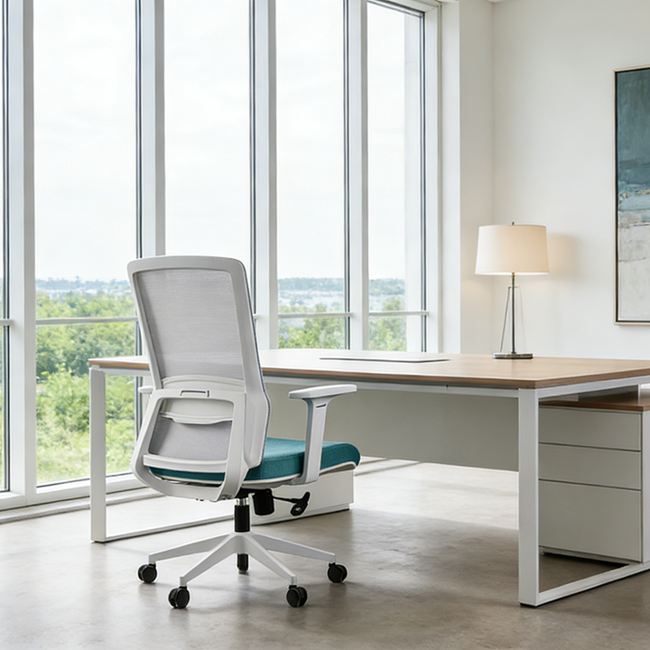 Modern Minimalist Blue & White Mid-Back Desk Chair: Breathable Mesh Fabric - Ergonomic Swivel Gaming Chair For Home Office