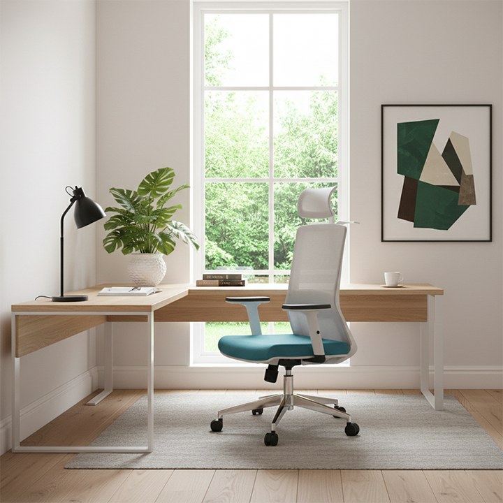 Modern Minimalist Blue & White High-Back Desk Chair: Adjustable Headrest With Coat Hook - Ergonomic Swivel Gaming Chair For Home Office