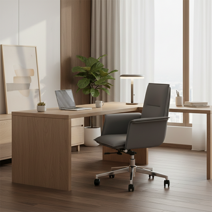 Modern Minimalist Mid-Back Desk Chair: Leather Luxury Swivel Chair- Ergonomic Height-Adjustable Office Chair For Home Office