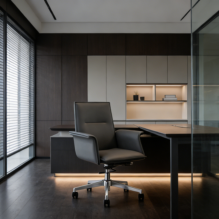 Modern Minimalist Mid-Back Desk Chair: Leather Luxury Swivel Chair- Ergonomic Height-Adjustable Office Chair For Home Office