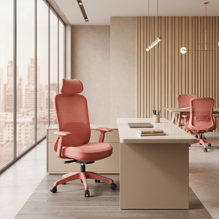 Modern Minimalist Peach-Pink High-Back Desk Chair: 4D Armrest & Breathable Mesh Fabric - Ergonomic Gaming Chair For Home Office