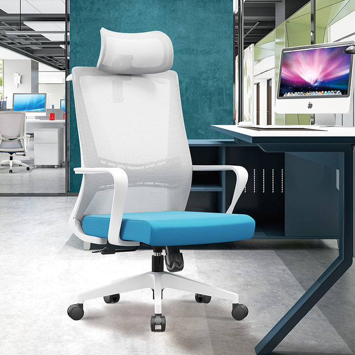 Modern Minimalist Blue-Cushioned High-Back Desk Chair: Breathable Mesh Fabric - Ergonomic Office Chair For Home Office