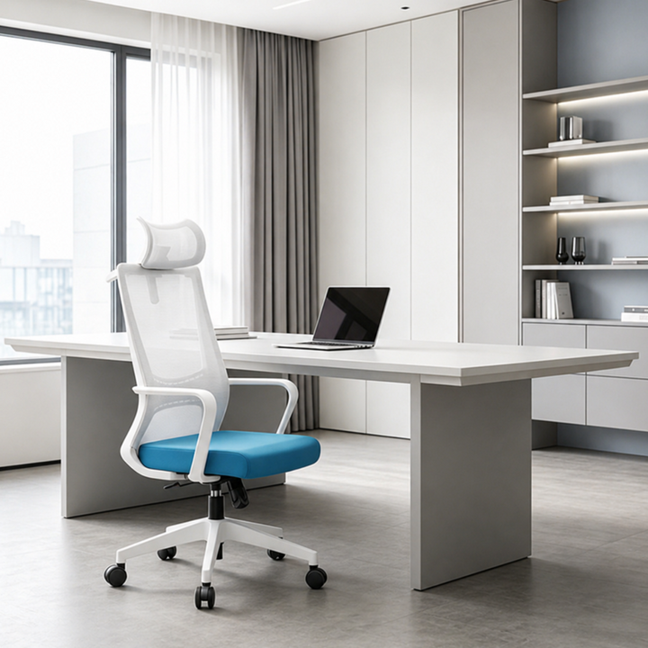 Modern Minimalist Blue-Cushioned High-Back Desk Chair: Breathable Mesh Fabric - Ergonomic Office Chair For Home Office