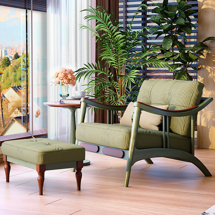 French Vintage Accent Chair With Ottoman: Tufted Corduroy Upholstered - Ash Wood Legs Traditional Curved Armchair For Living Room