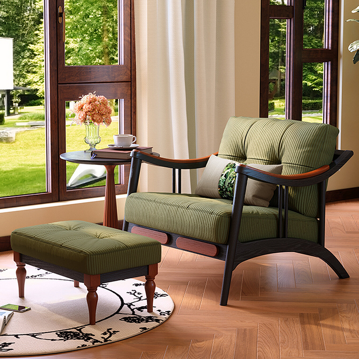 French Vintage Accent Chair With Ottoman: Tufted Corduroy Upholstered - Ash Wood Legs Traditional Curved Armchair For Living Room