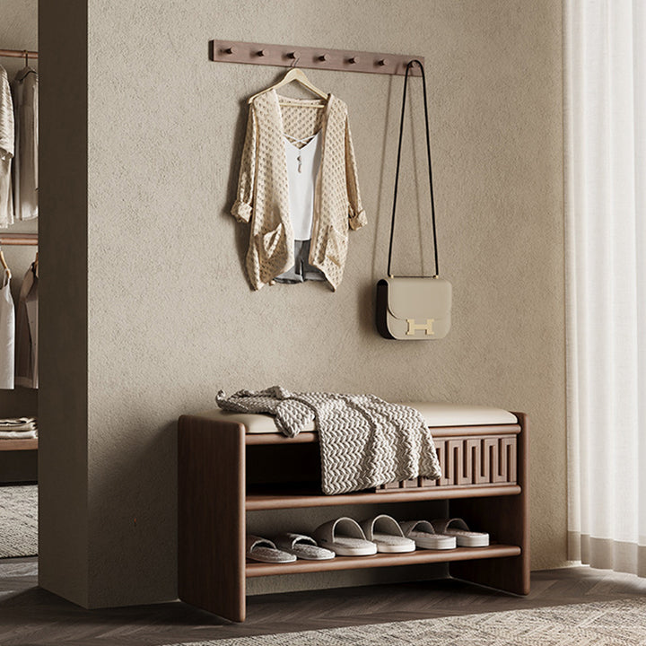 Vintage Modern Entryway Bench With Shoe Rack: Ash Wood Shoe Storage - Traditional Upholstered Bed End Bench For Entryway