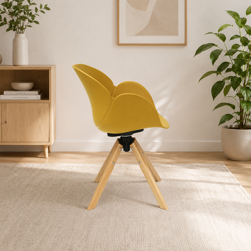 Contemporary Scandinavian Tulip Dining Chair: Curved Armrests &amp; Beech Wood Legs - Macaron Color Swivel Armchair For Dining Room