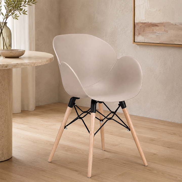 Contemporary Nordic Tulip Design Accent Chair: Beech Wood Legs &amp; Curved PP Seat - Armrest Backrest Scandinavian Dining Chair For Dining Room