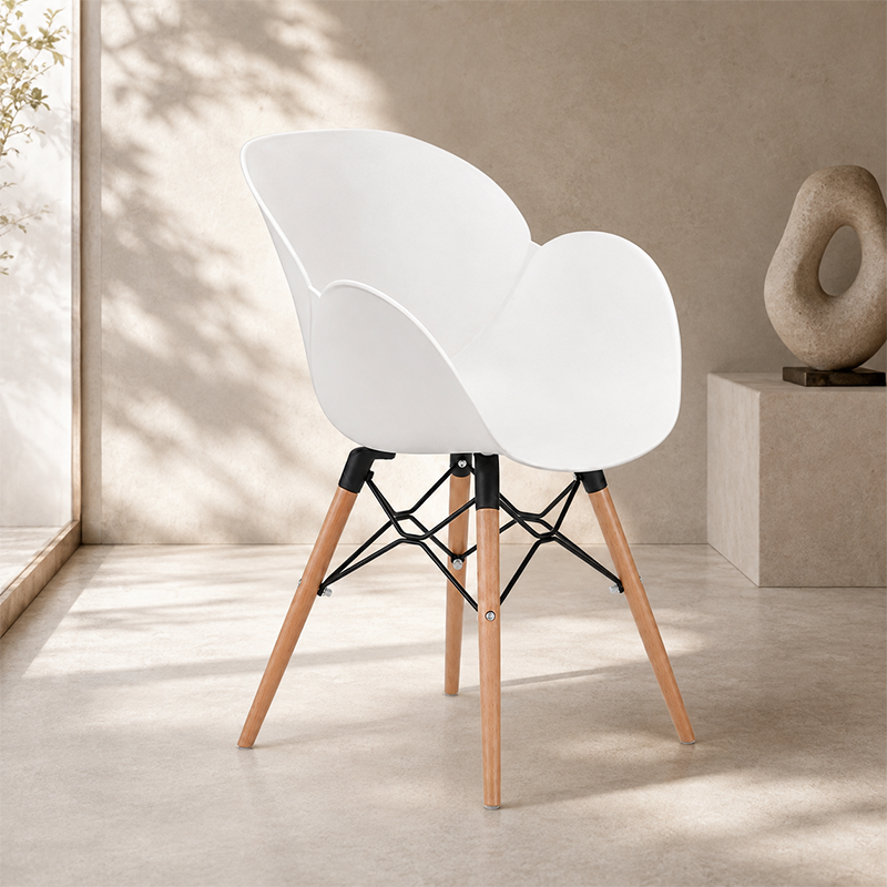 Contemporary Nordic Tulip Design Accent Chair: Beech Wood Legs &amp; Curved PP Seat - Armrest Backrest Scandinavian Dining Chair For Dining Room