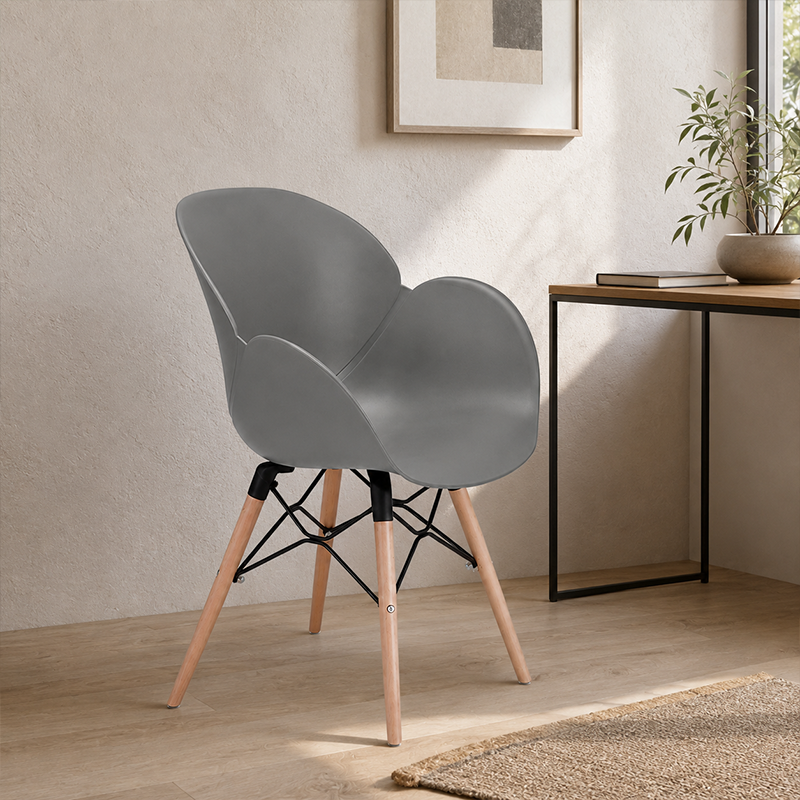 Contemporary Nordic Tulip Design Accent Chair: Beech Wood Legs &amp; Curved PP Seat - Armrest Backrest Scandinavian Dining Chair For Dining Room