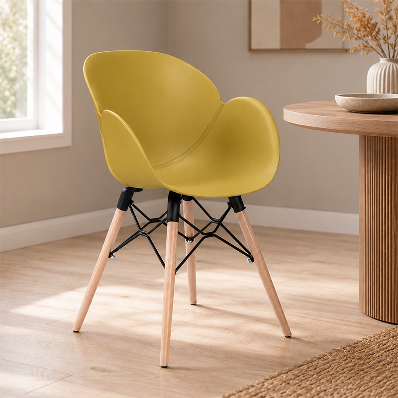 Contemporary Nordic Tulip Design Accent Chair: Beech Wood Legs &amp; Curved PP Seat - Armrest Backrest Scandinavian Dining Chair For Dining Room