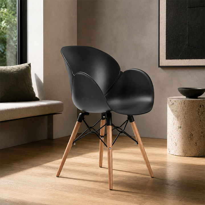 Contemporary Nordic Tulip Design Accent Chair: Beech Wood Legs &amp; Curved PP Seat - Armrest Backrest Scandinavian Dining Chair For Dining Room