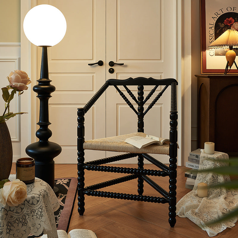 Traditional Vintage Solid Wood Kraft Paper Rope Vanity Stool Backrest Armrest For Living Room