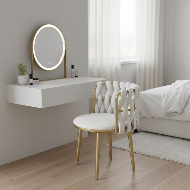 Modern Minimalist Round Cushion Velvet Fabric Iron Sponge Vanity Stool Backrest Armrest For Bedroom