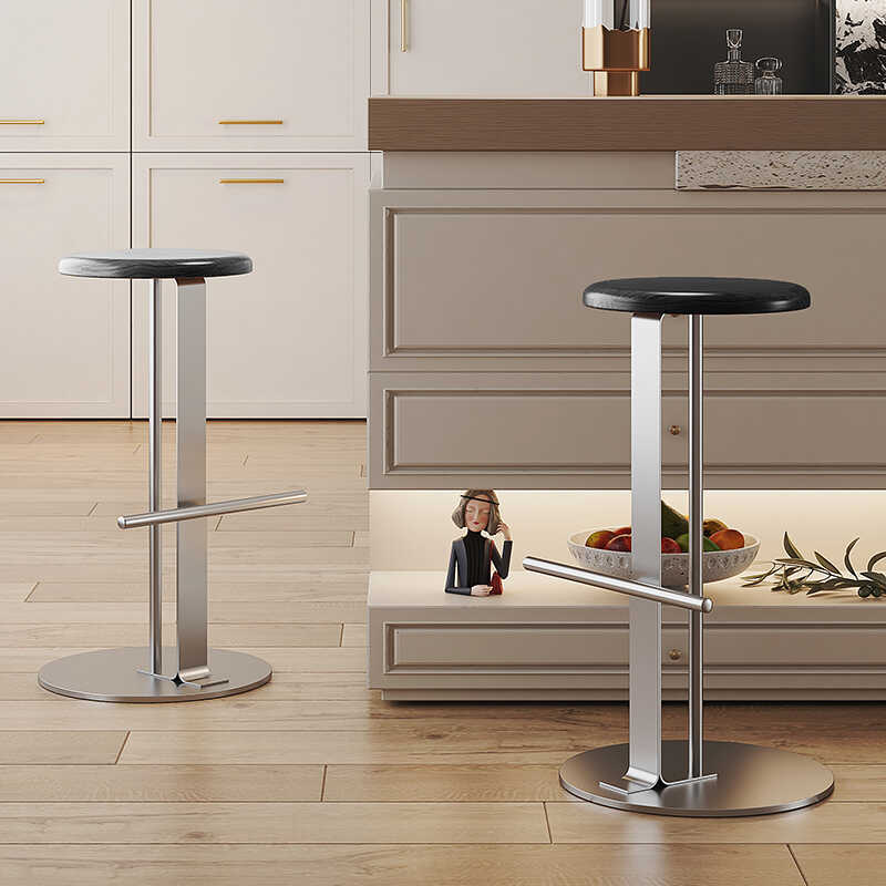 Modern Minimalist Round Solid Wood Carbon Steel Bar Stool For Dining Room