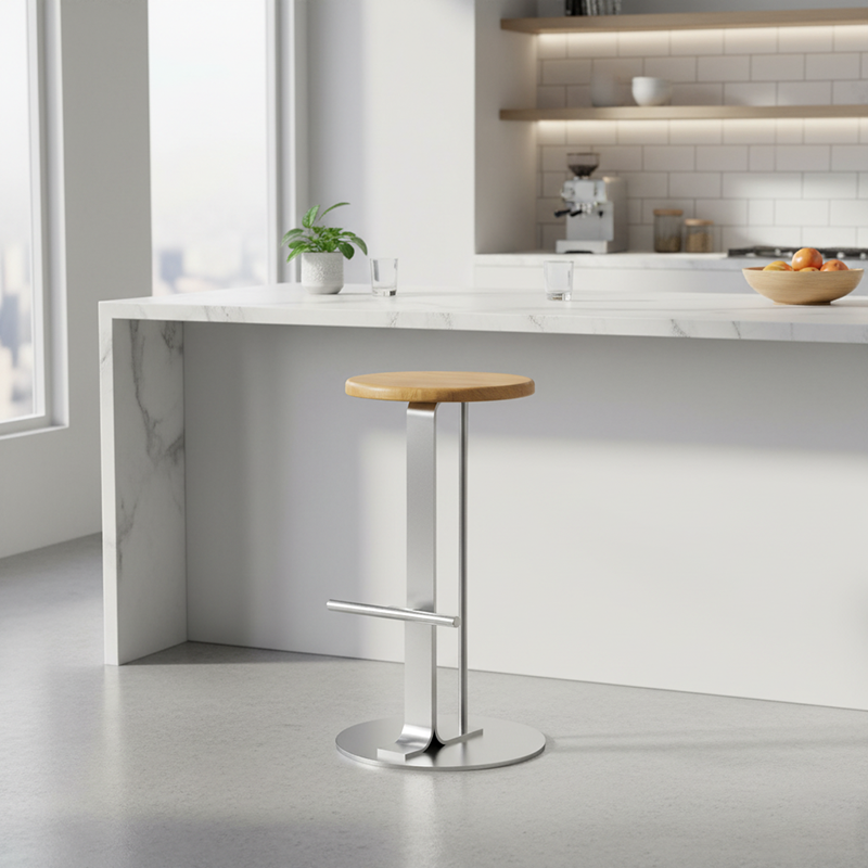 Modern Minimalist Round Solid Wood Carbon Steel Bar Stool For Dining Room