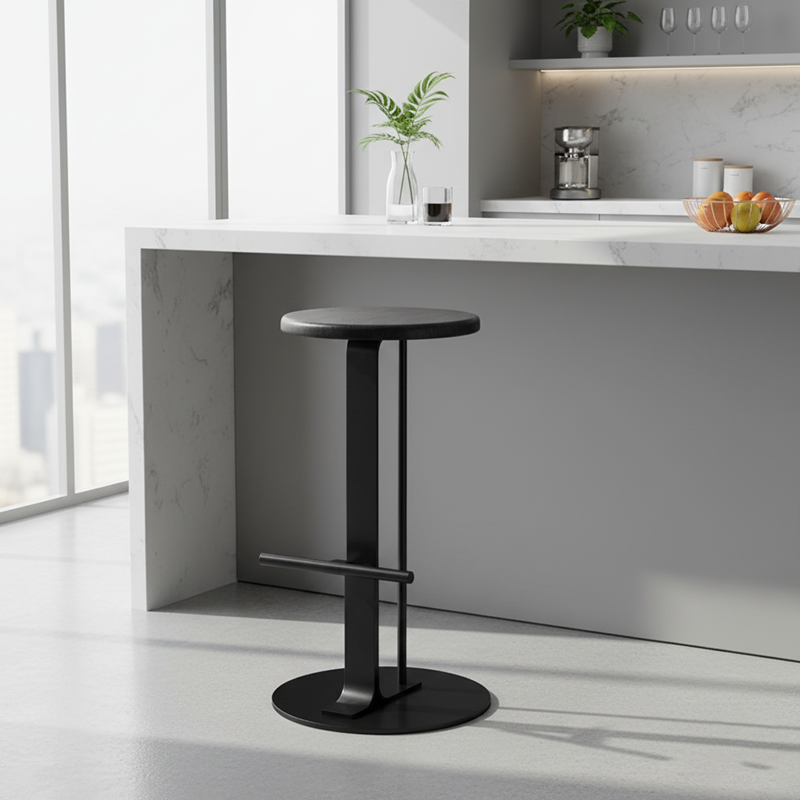 Modern Minimalist Round Solid Wood Carbon Steel Bar Stool For Dining Room