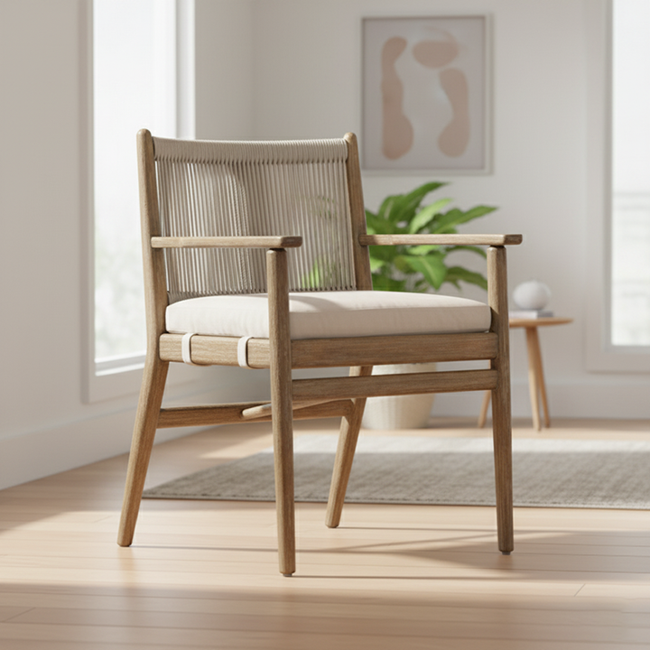 Moderner minimalistischer rechteckiger Kissenmassivholz-Baumwoll-Leinen-Schwamm-Esszimmerstuhl Rückenlehne Armlehne für Esszimmer 