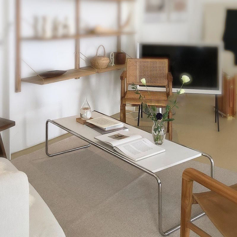 Modern Minimalist Rectangular Stainless Steel Medium Density Fiberboard Coffee Table 2-Leg Sturdy For Living Room