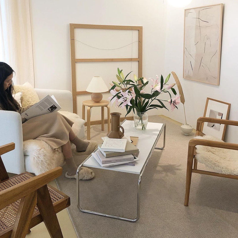 Modern Minimalist Rectangular Stainless Steel Medium Density Fiberboard Coffee Table 2-Leg Sturdy For Living Room