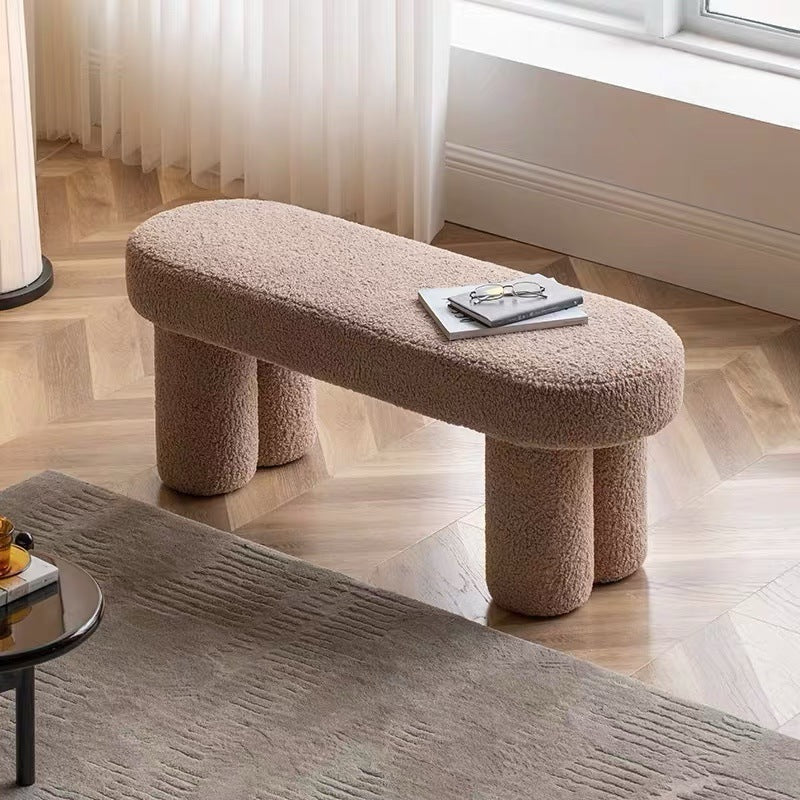 Modern Minimalist Round Rectangular Solid Wood Sherpa Fabric Sponge Bench For Living Room