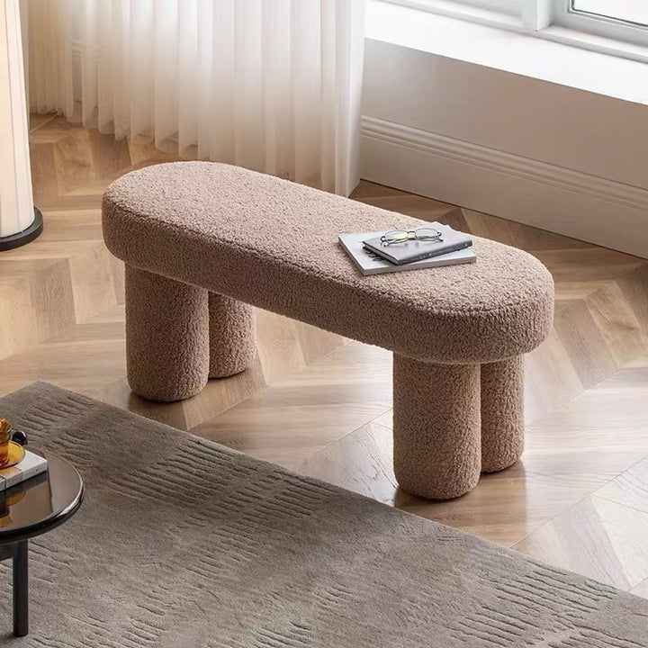 Modern Minimalist Round Rectangular Solid Wood Sherpa Fabric Sponge Bench For Living Room