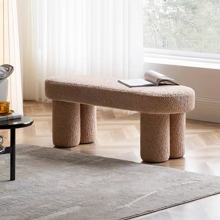 Modern Minimalist Round Rectangular Solid Wood Sherpa Fabric Sponge Bench For Living Room