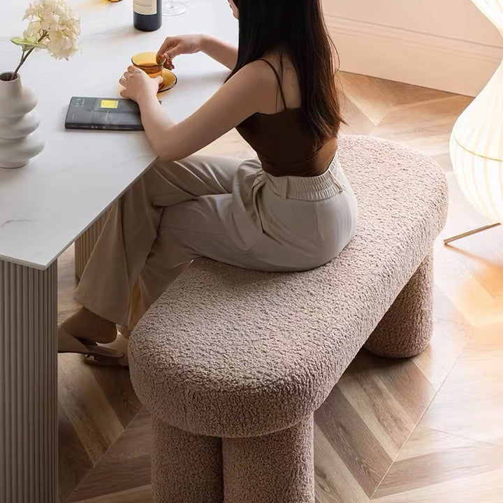 Modern Minimalist Round Rectangular Solid Wood Sherpa Fabric Sponge Bench For Living Room