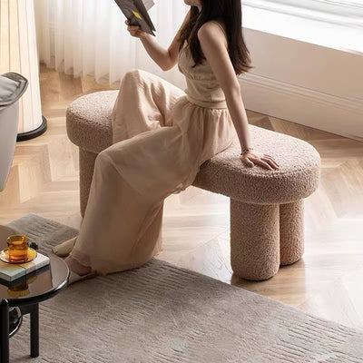 Modern Minimalist Round Rectangular Solid Wood Lambswool Sponge Bench For Living Room