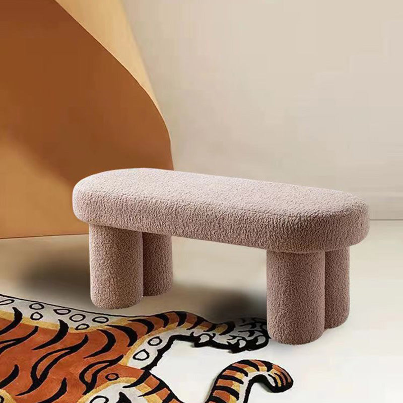 Modern Minimalist Round Rectangular Solid Wood Sherpa Fabric Sponge Bench For Living Room